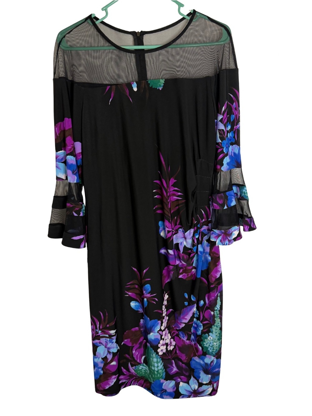 Joseph Ribkoff Black Floral Mesh Yoke 3/4 Sleeve Midi Dress Size 14